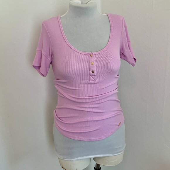VTG 90s 2000 BEBE Lavender Ribbed Basic Short Sleeve Henley Top Button Purple S - Picture 1 of 12